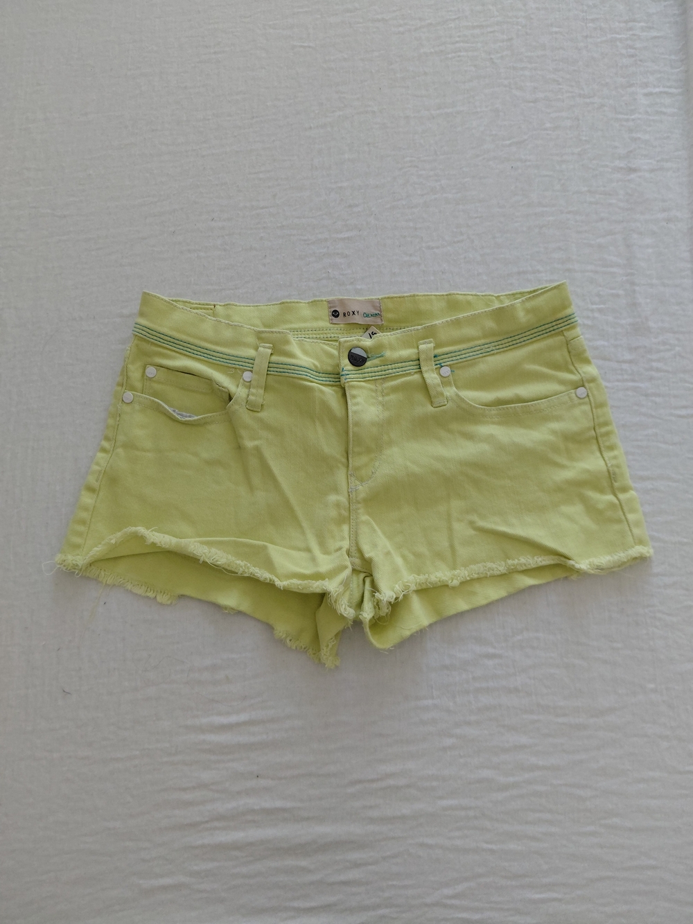 Roxy Lime Green Denim Cutoff Shorts with Frayed Hem
